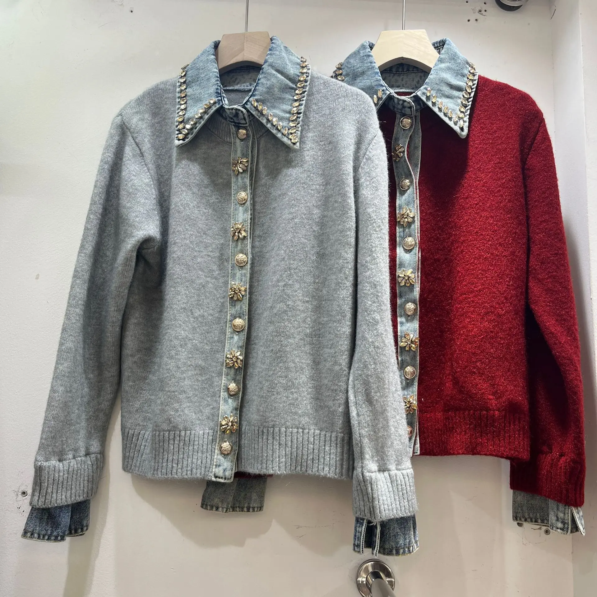 Autumn New Women Loose Sweater Femal Fashion Heavy-duty Denim Patchwork Rhinestone Knitted Pullover