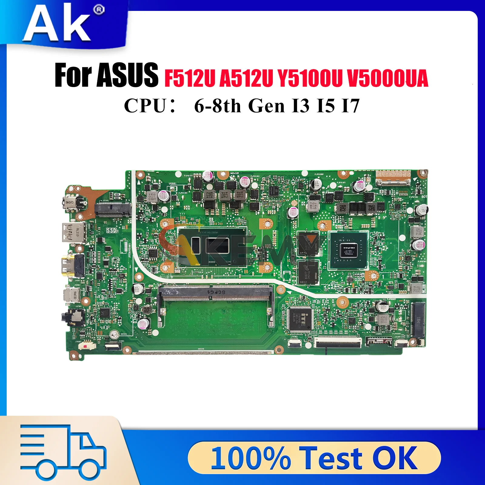 

X512UB Материнская плата для ноутбука ASUS VivoBook F512U A512U X512UB V5000UA Y5100U X512U X512UF Материнская плата с процессором I3 I5 I7 в порядке