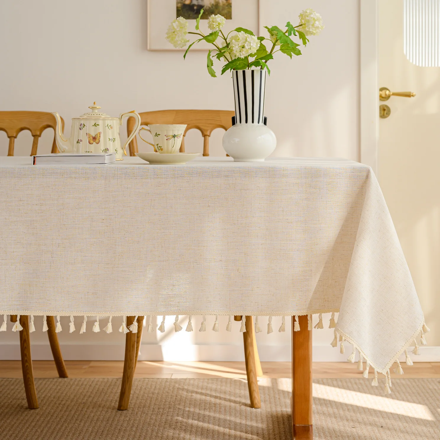 

Table Cover Beige Tassels Tablecloth Kitchen Party Wedding Decor Cotton Linen Fabric Solid Color Rectangular Natural Resistant