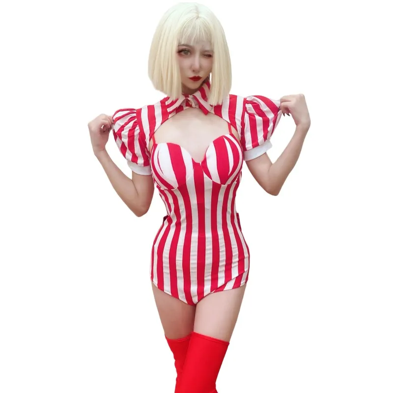 

Women Jazz Dance Team Stage Performance Clothes Red Bow Stripes Bodysuit Festival Party Rave Outfit Sexy Nightclub Costume