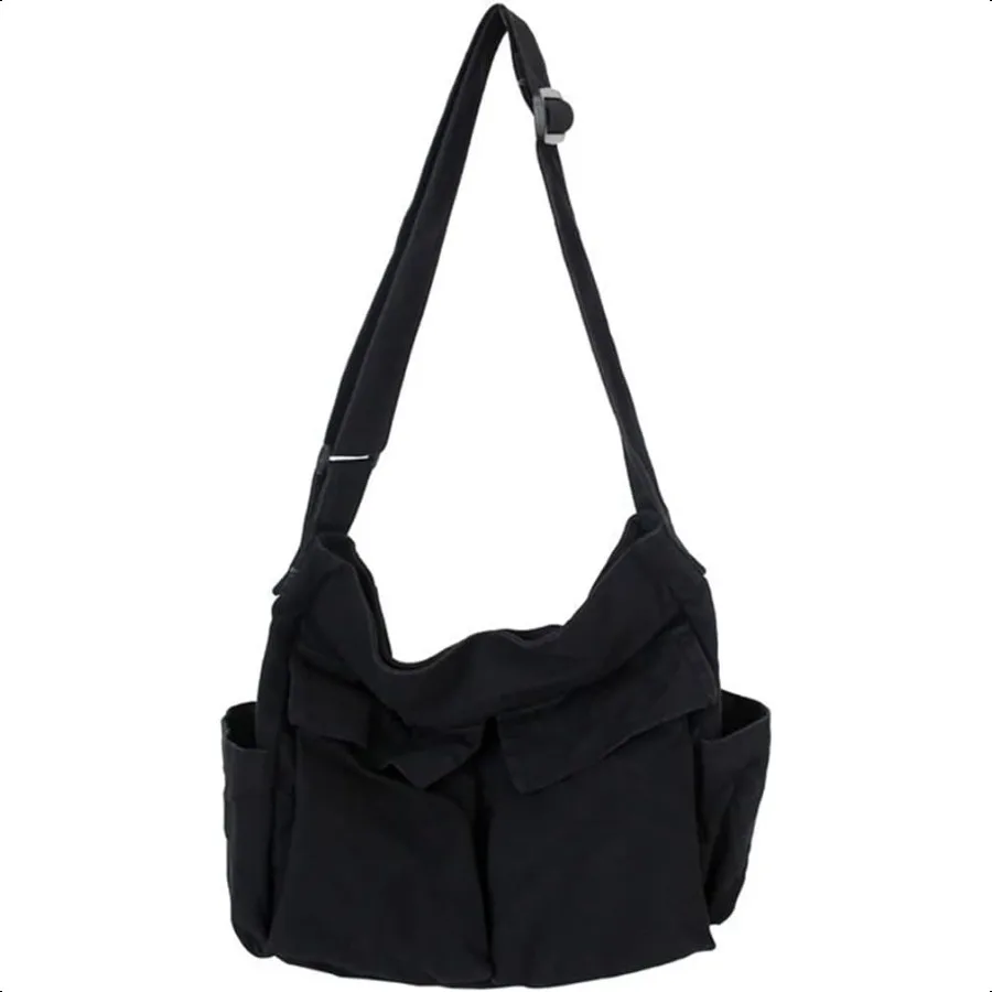 

GAXOS Aesthetic Cute Menger Bag for School Black Canvas Crossbody for Women Shoulder Laptop Bag