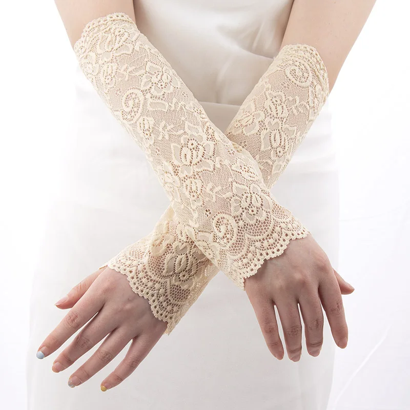Black Sexy Lace Hollow-Out Fingerless Flower Gloves Sun Protection Sleeves Mesh Thin Cycling Gloves Summer Arm Sleeves Mitten
