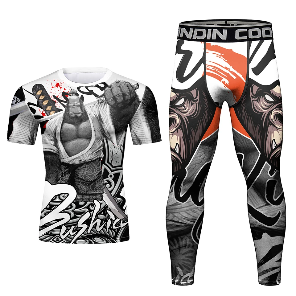 Men Rashguard Jiu Jitsu MMA T-shirt Pant 4/Pcs Sets Sport MMA Shorts Compression Boxing Jerseys Bjj Rash Guard Clothing Suits