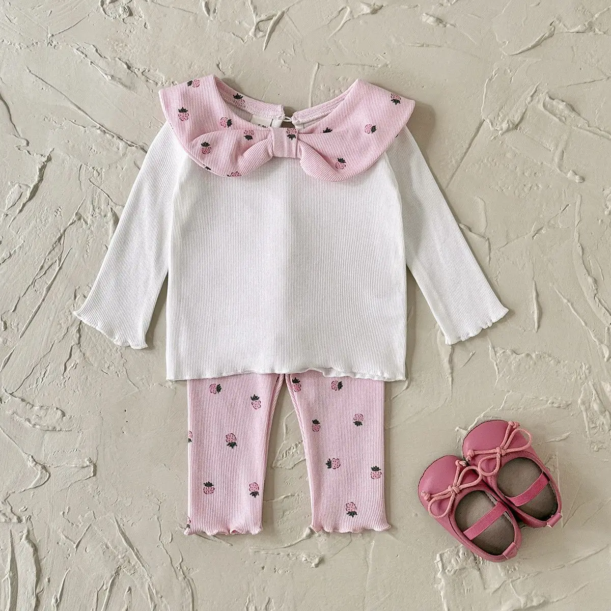 Girls Strawberry Bow Two Piece Set Spring Fall Contrast Color Set Baby Sweet Cute Home Kids Clothes Versatile Inner Wear