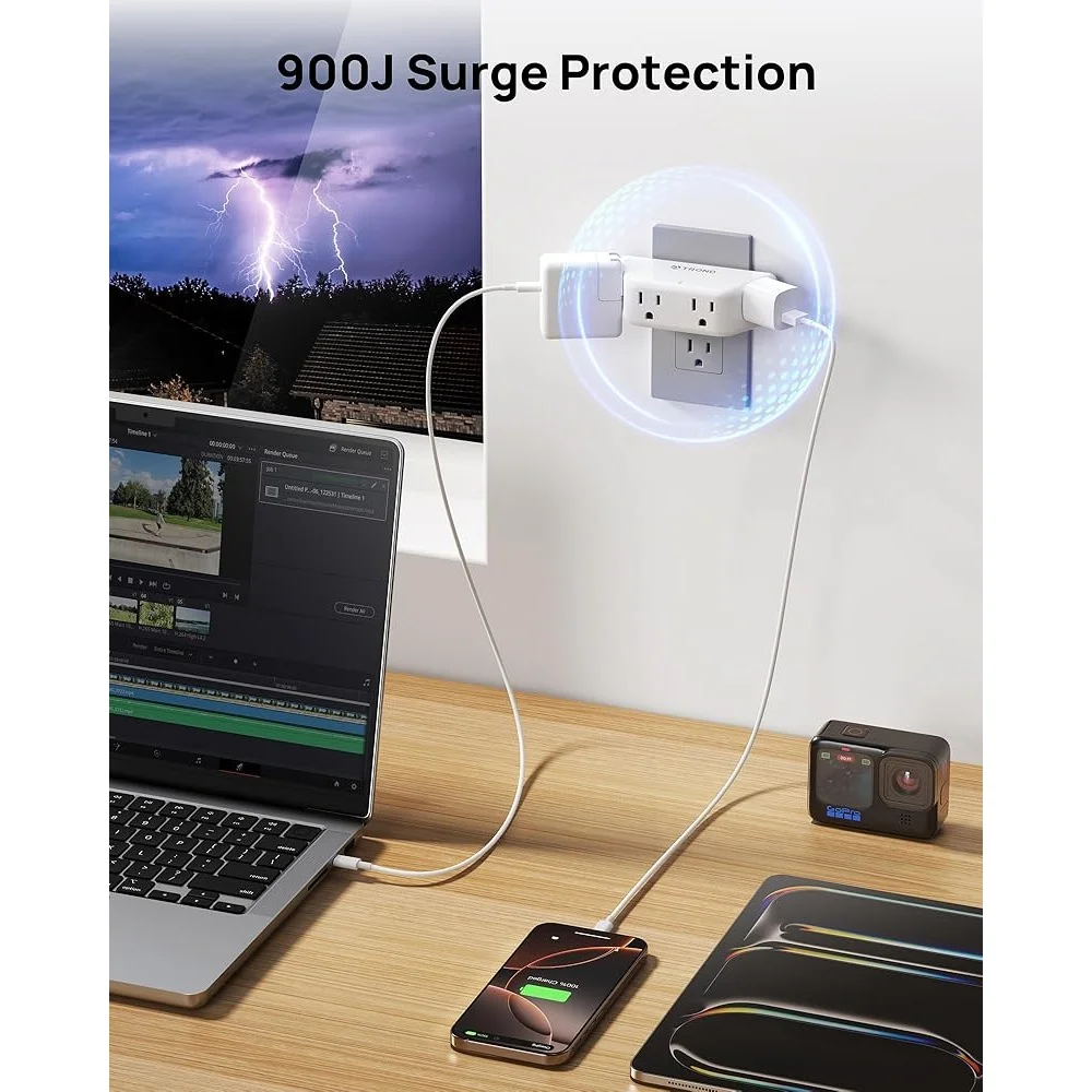 Outlet Extender Surge Protector with 4 Grounded Sockets 3 Way Angled Plug Adapter Compact Electrical Wall Power Splitter 900J