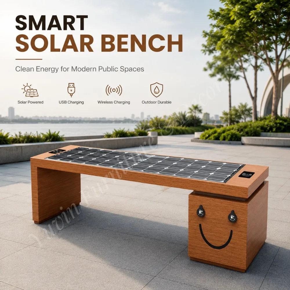 Wood Grain U Shape Smart Solar Park Bench Outdoor Solar Charging Bench With USB Charging Port No Backrest Public Leisure Bench