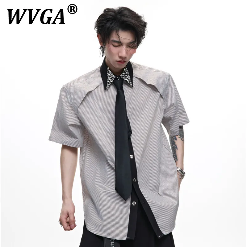 

WVGA Spring Summer Autumn New Man Embroidered Diamond Stripe Short Sleeve Shirts Tie Two-tone Patchwork Chic Casual Shirt W9888