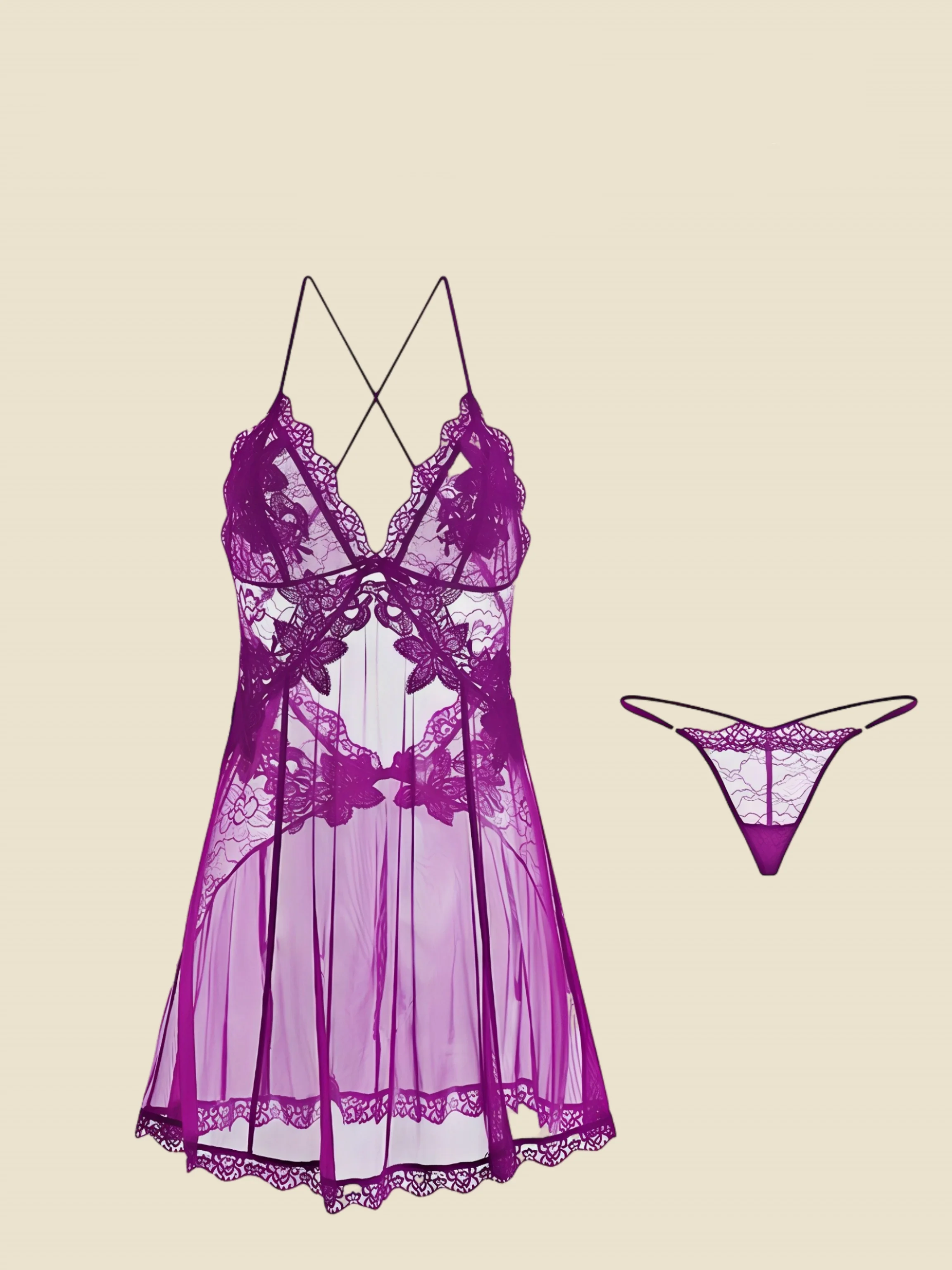Sexy Deep V See-Through Mesh Embroidery Lace Backless Nightdress Women Plus Size Sleepwear Sheer Lingerie Thong  Set