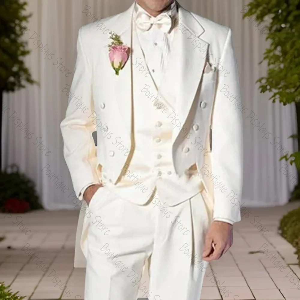 

Elegant White Suits For Men Double Breasted Tailcoat Custom Groom Tuxedo Fashion Italian Style Costume (Jacket + Vest + Pants)