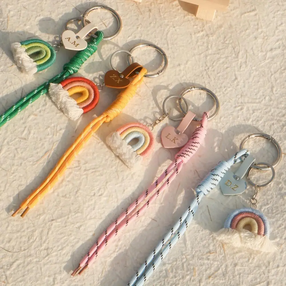 Custom Initial Heart Leather Tag Macrame Rainbow Keychain Hand Woven Rope Key Ring Personalized Monogram Boho Bag Pendant