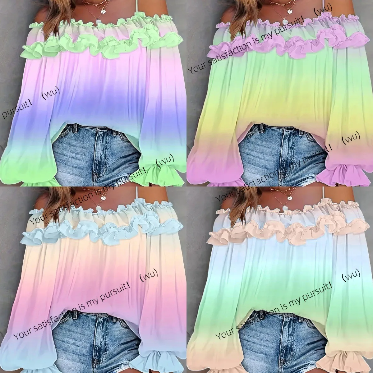 

Женский топ с воротником с одним словом и длинными рукавами-пузырьками, постепенное изменение цвета, контрастный цвет