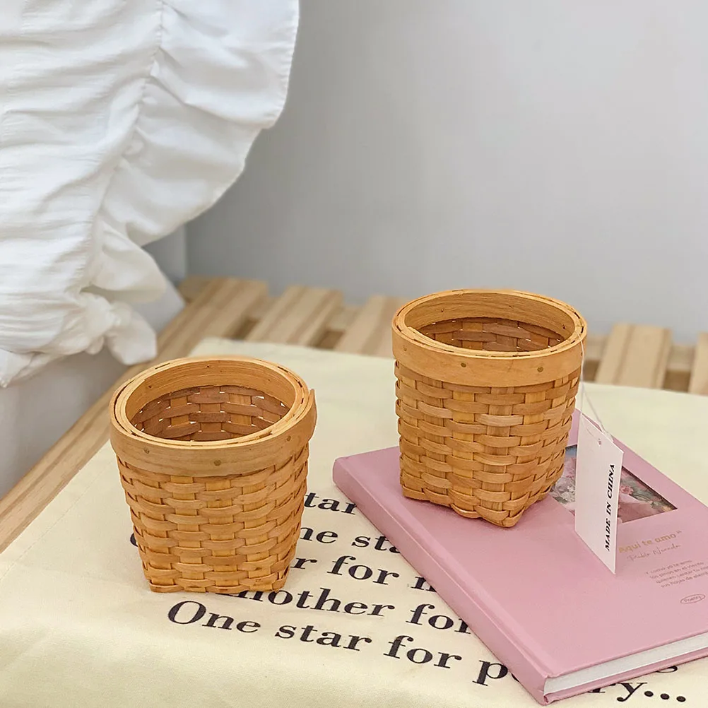 

2pcs Wood Woven Pen Holder Rattan Storage Basket Desktop Organizer Compact for Home Office School Use Sundries