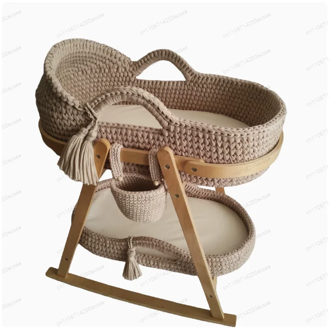 2025 Baby Cradle Handwoven Beige Crochet Bassinet Portable Moses Basket Newborn Lounger with Wooden Stand and Soft Mattress
