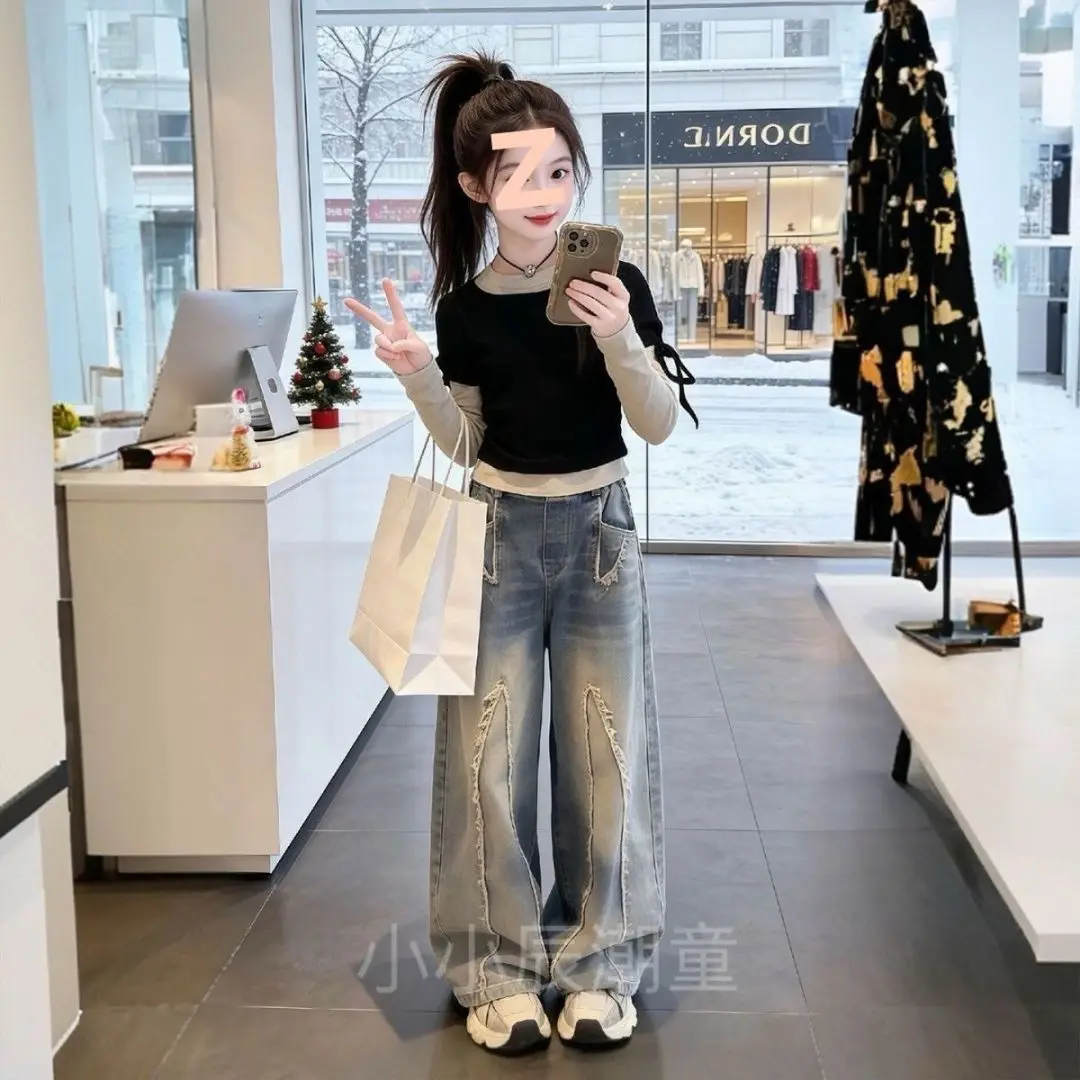 1pc 2026 slim sweatshirt T-shirt spring summer child teenager Girls Clothes  patchwork top 4 8 9 10 12 Year