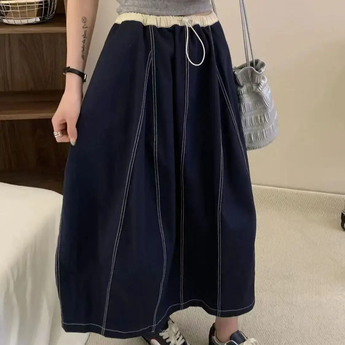 กระโปรงทรงบับเบิ้ลสไตล์ใหม่สำหรับฤดูใบไม้ร่วง แฟชั่นผู้หญิง ผ้าฝ้ายฟอกลายปะติด เอวสูง ยางยืด สวมใส่สบาย ทรงเอไลน์ กระโปรงคาร์โก้