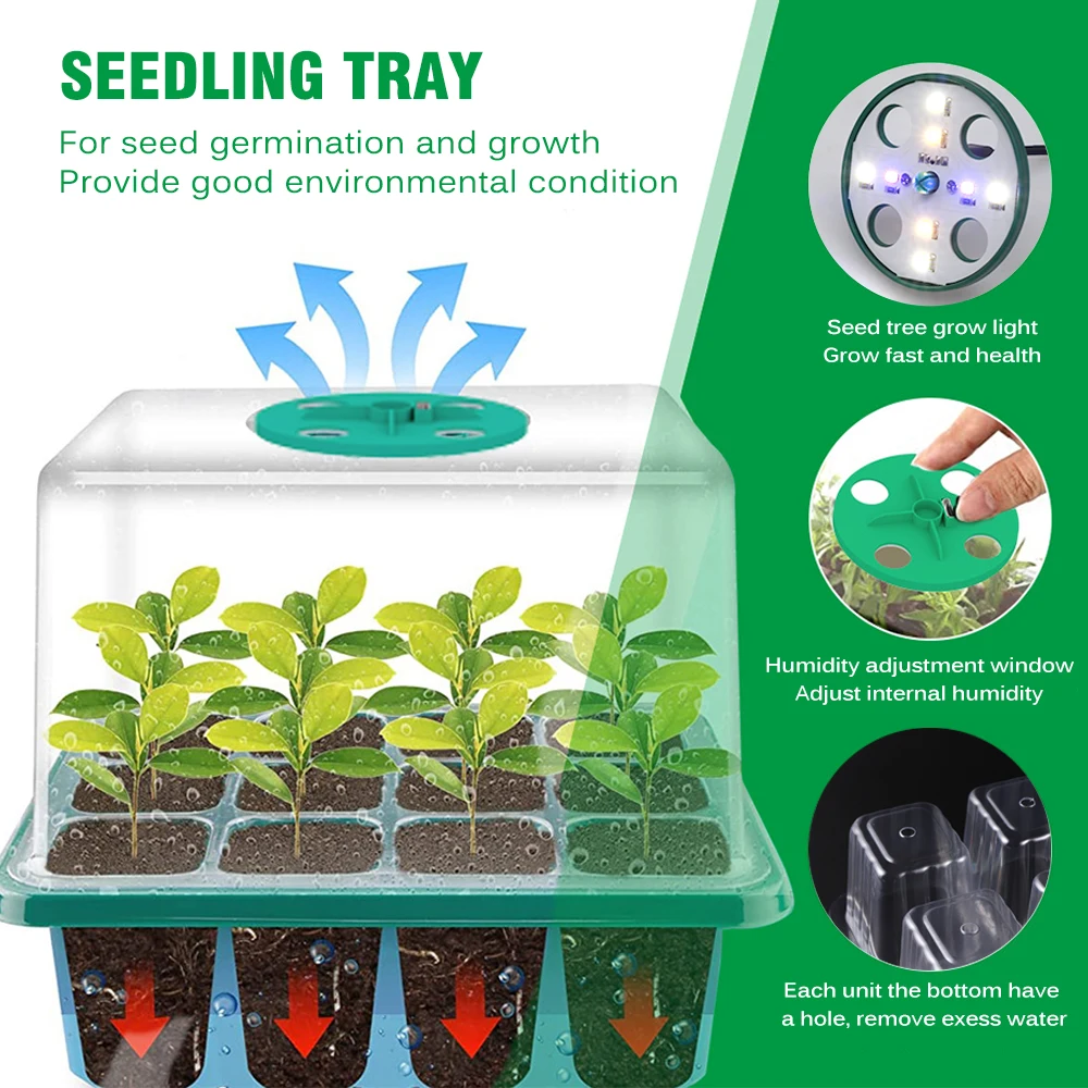 Greenhouse Seeding Trays With Grow Lamp 12 Holes Per Tray 5 Pack A Warm Environment With Full Spectrum LED Grow Light