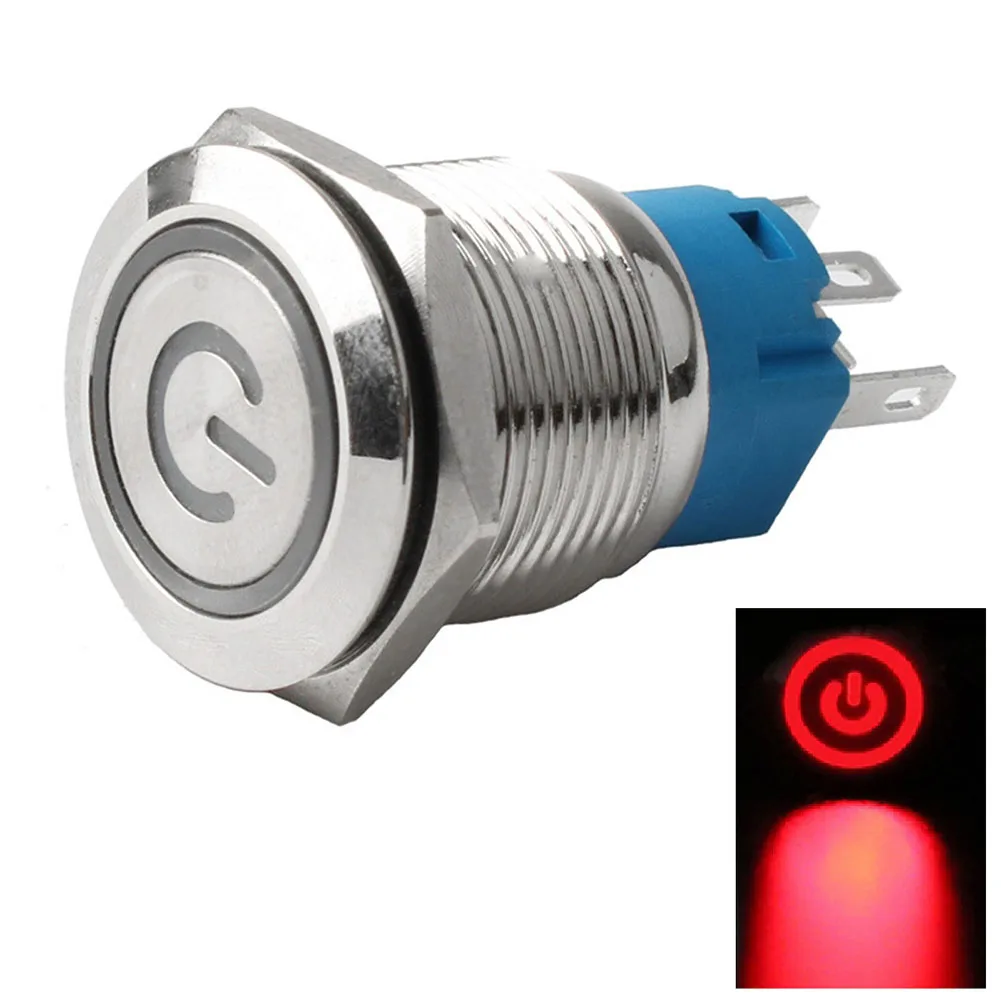 19mm Metal Push Button Switch With Power LED 12-24V Latching Button Switch IP66 Stainless-Steel Self-locking Connection Tools