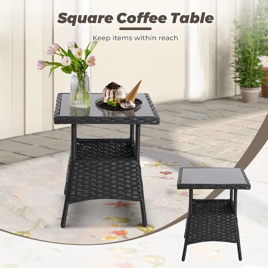 3 pçs ao ar livre cadeira de balanço de vime conjuntos de móveis pátio rattan cadeiras de balanço com 2 cadeiras de rattan almofadas mesa lateral superior de vidro