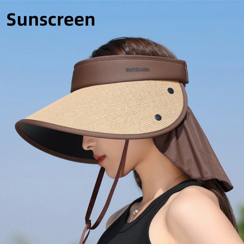 

Upgraded Large Brim Hollow Top Straw Hat Female Summer Sun Shading Large-Brimmed Hat Outdoor UV Tie Ponytail Sunscreen Hat