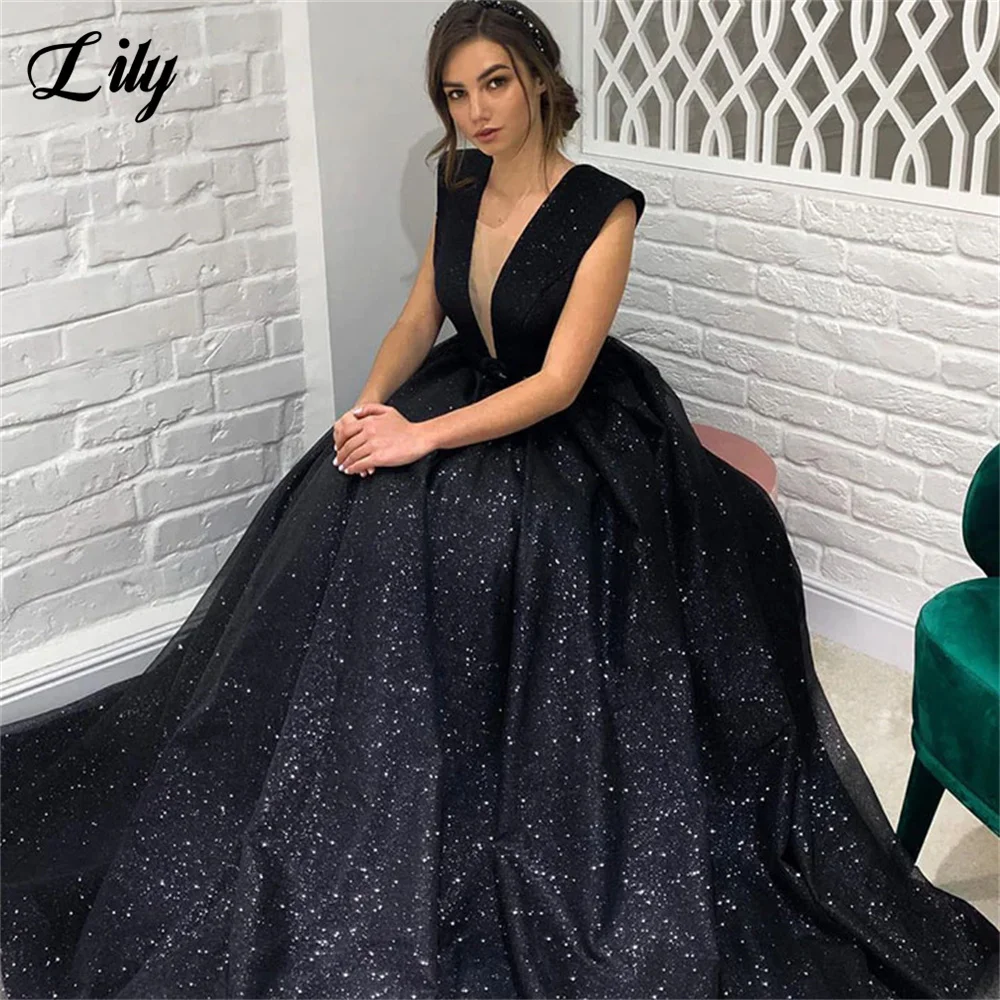 Lily Shining V Neck Black Prom Dresses For Wedding Tank Sleeveless Evening Gowns With Belt  Backless A Line robes de soirée