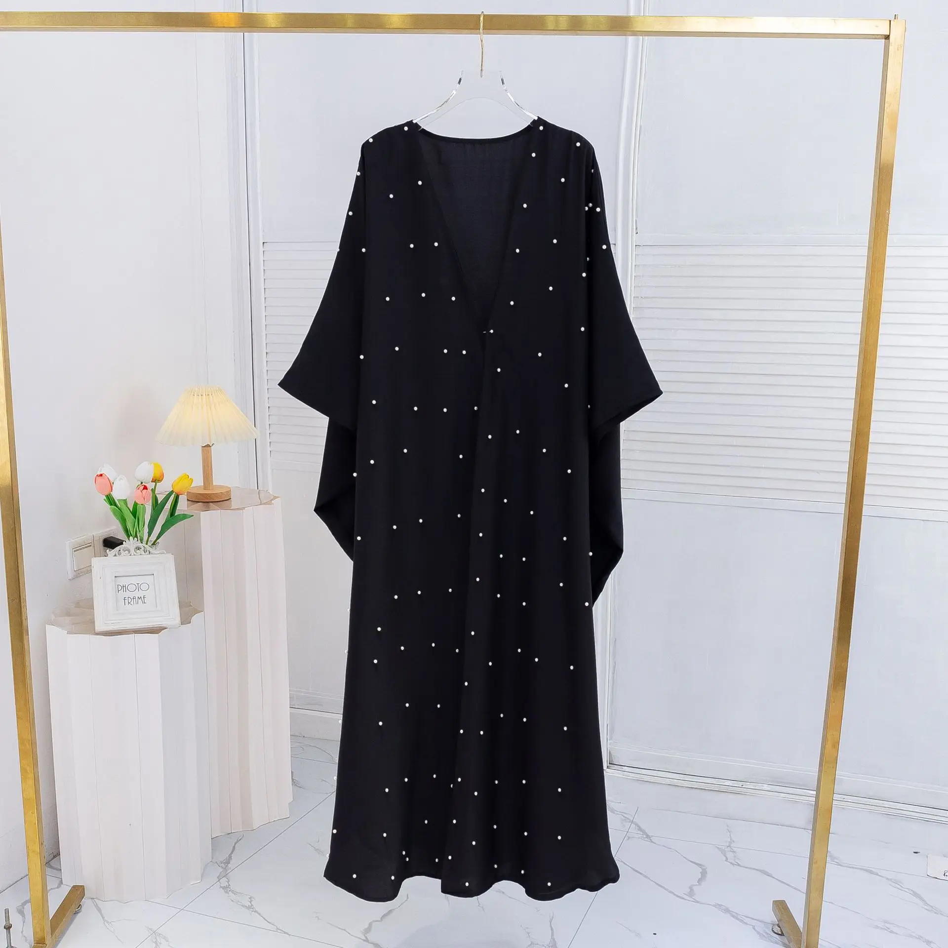 Abayas noires à perles pour femmes musulmanes, robe Maxi, Dubaï, Abaya ouvert, Turquie, Kaftan, Eid Ramadan, Kimono Jalabiya, Caftan marocain