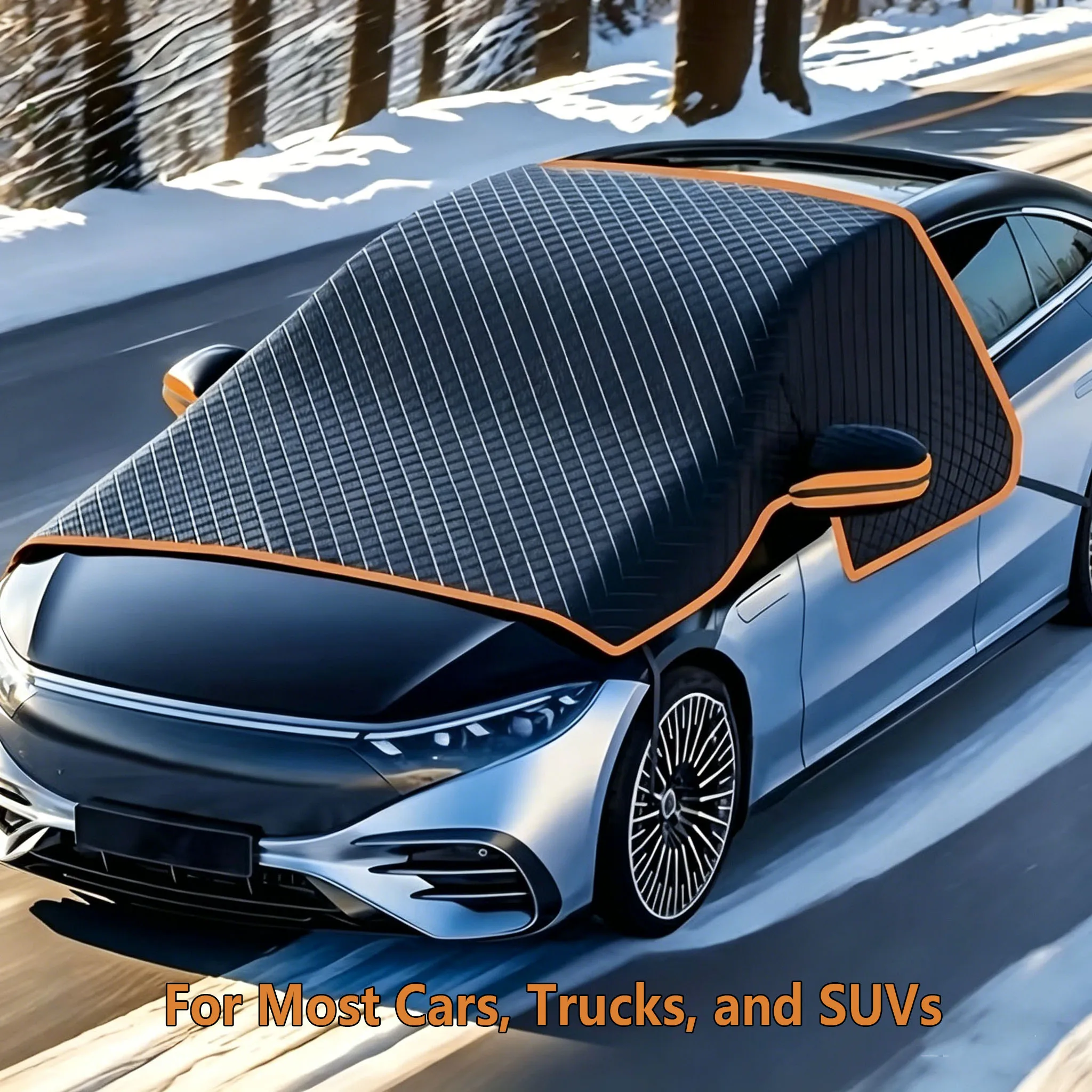 Magnetic Fastening Car Windshield Snow Cover Protector with UV Sunshade Orange Reflective Strip Oxford Cloth