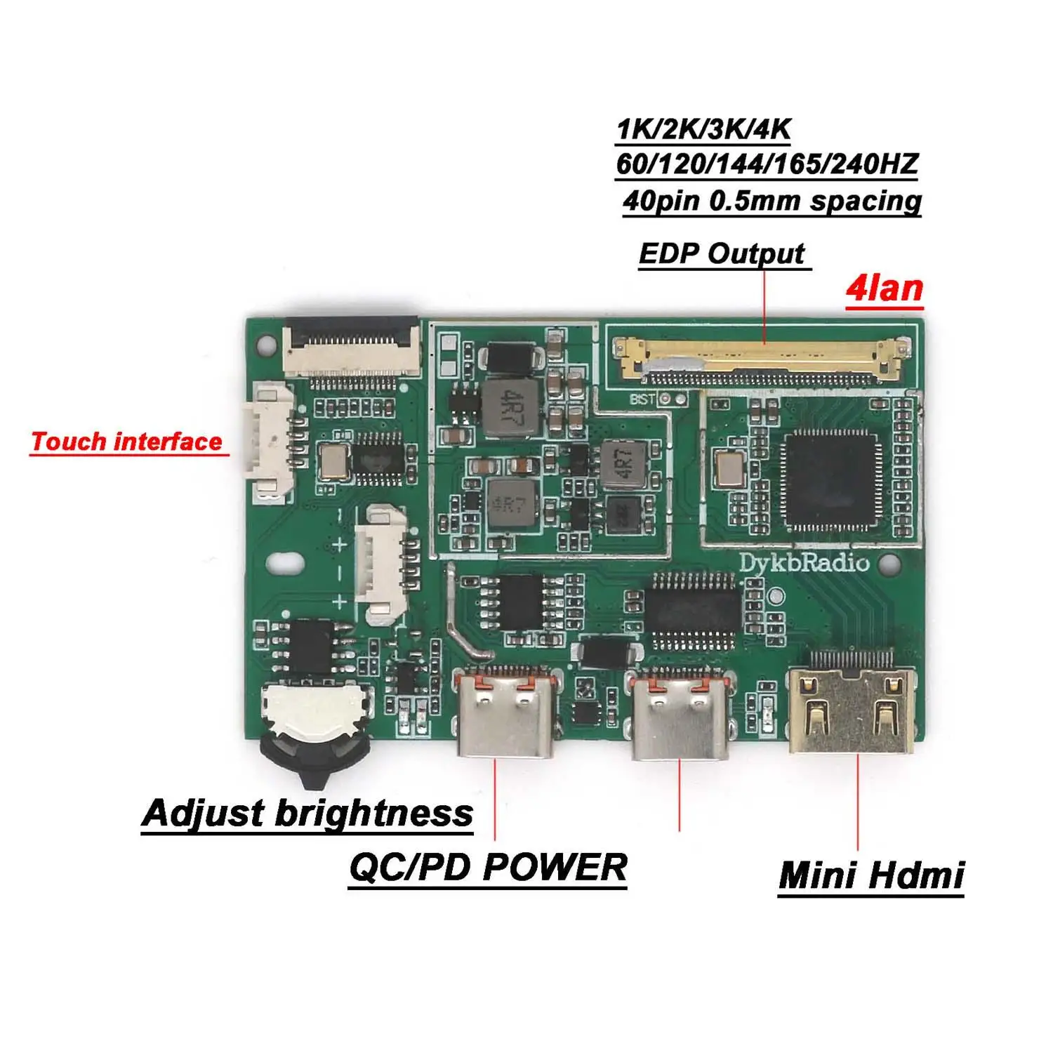 DYKB Mini HDMI to EDP Driver Board 2560x1440 120Hz 4K 60Hz Type-C PD 60W EDP 40Pin 4LAN LCD Controller for PC Monitor Screen