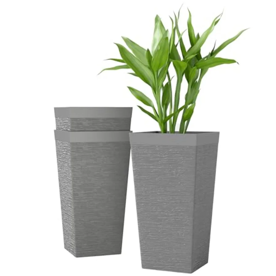 

Outdoor plastic planters set of 3 22.8-inch tall tapered stone-finish gray pots with wheels drainage holes and stackable design