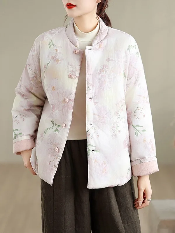 

Хлопковая куртка Thiened с цветочным принтом, женская зимняя новинка, двусторонняя одежда в стиле ретро, дзен, теплое пальто, маленькая куртка с хлопковой подкладкой