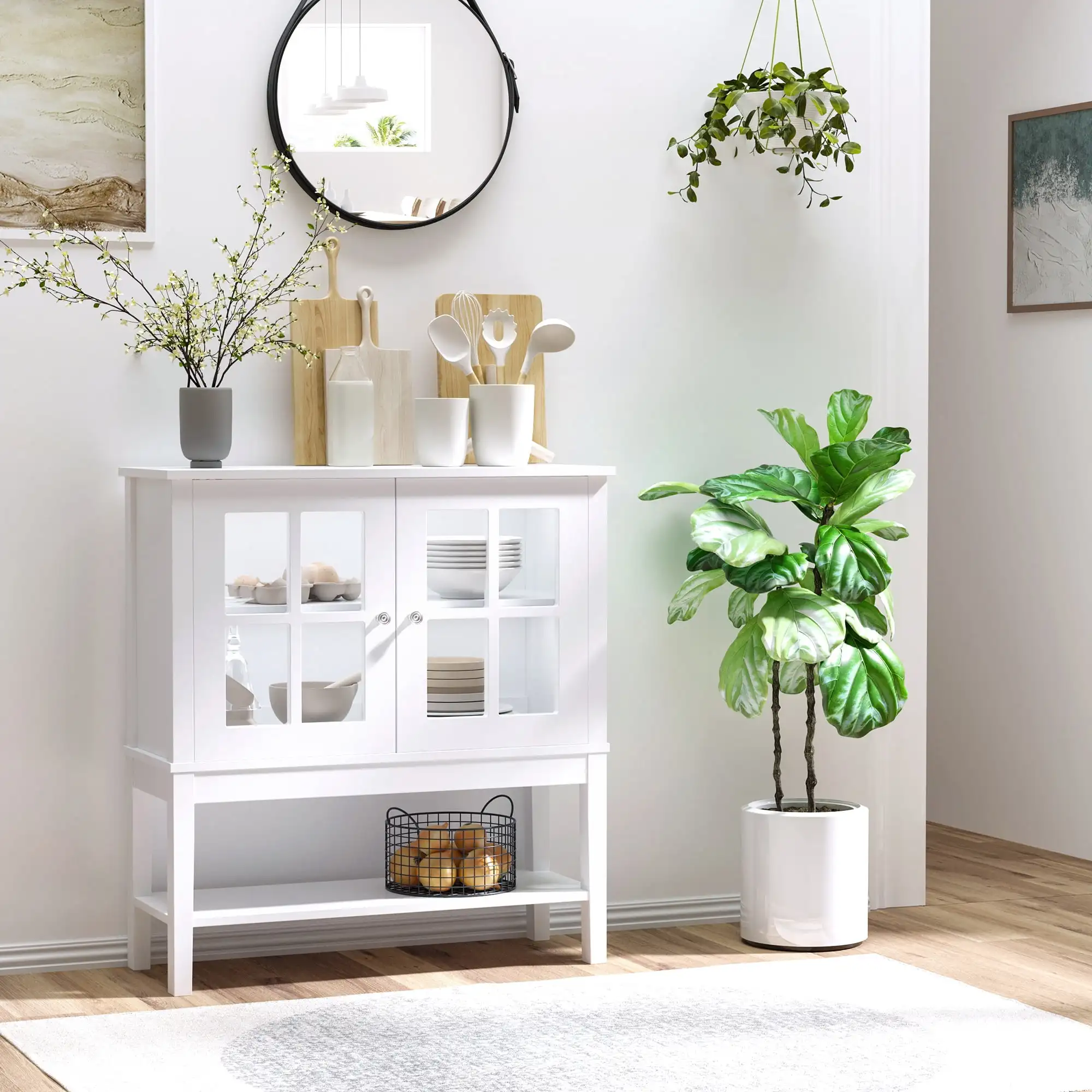 Modern Kitchen Sideboard Buffet Cabinet with 2 Swinging Glass Doors Ample Storage Space White Easy To Assemble