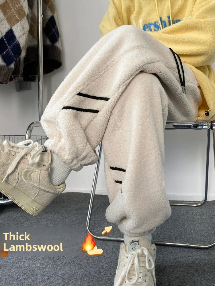 

Lamb Velvet Men's Winter Thiened Warm Sports Pants Fce Lined Trousers Casual Loose Fit mid Waist Long Pants