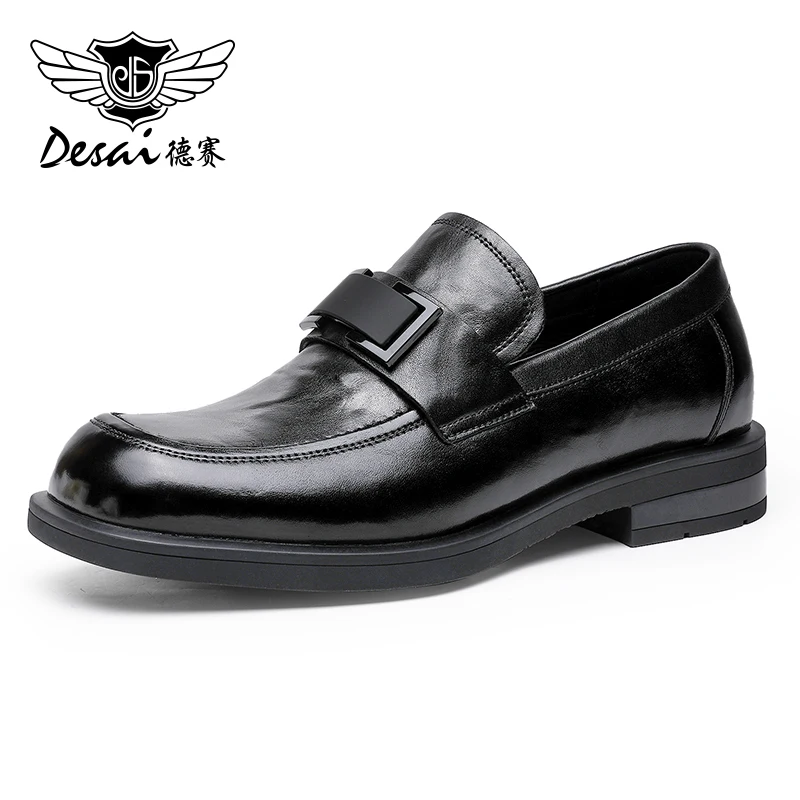 

Desai Gnuine Leather Business Casual Leather Shoes French British Style Retro Thick Heels Loafers Low Top Men's Shoes