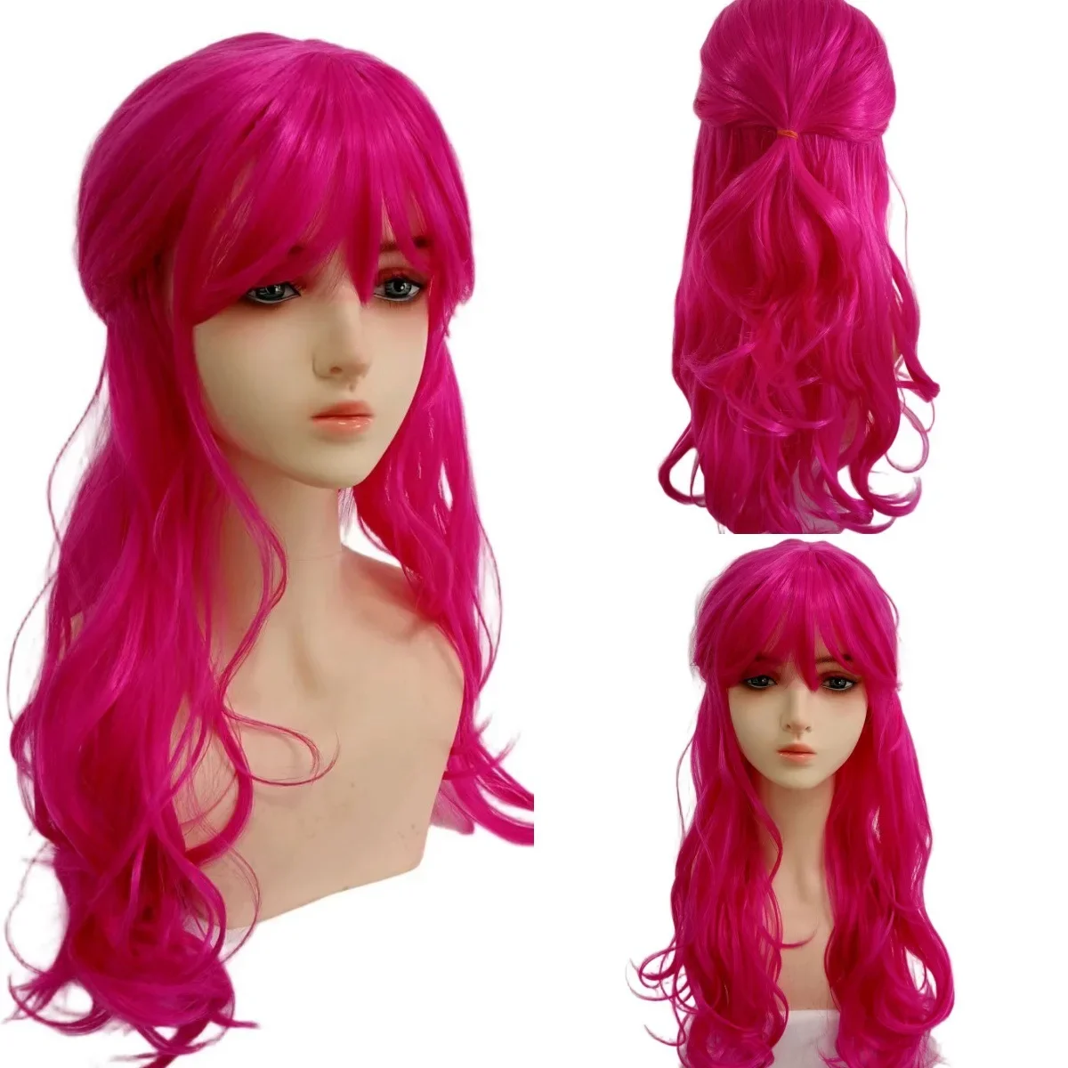 Pink Long Wavy Synthetic Cosplay Wig Bangs Half Up Half Down Heat Resistant Hair Wig Adult Women Anime Role Play Halloween Party