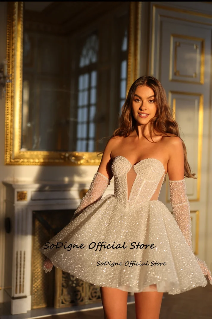 SoDigne A-line Glitter Short Wedding Dresses Sweetheart Bridal Dress without GlovesWedding Gown Robe De Mairee ﻿Customized ﻿