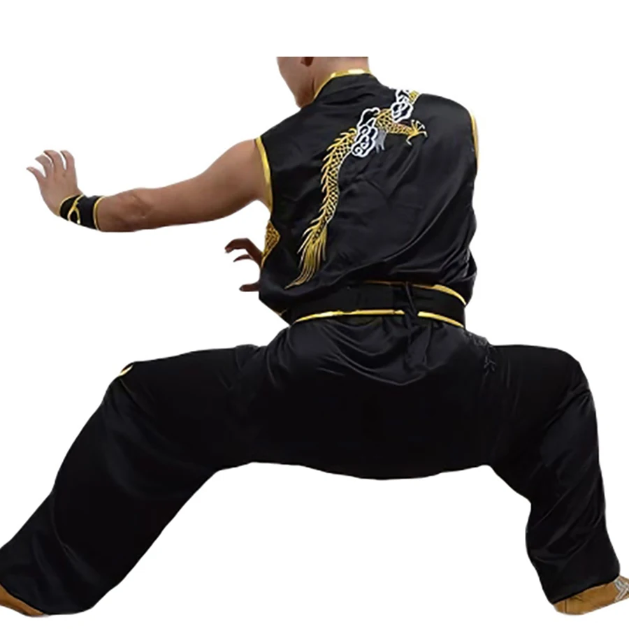 

Костюм для китайского кунг-фу USHIN с вышивкой золотым драконом, безрукавный, для тай-чи и соревнований, дышащий, для ушу