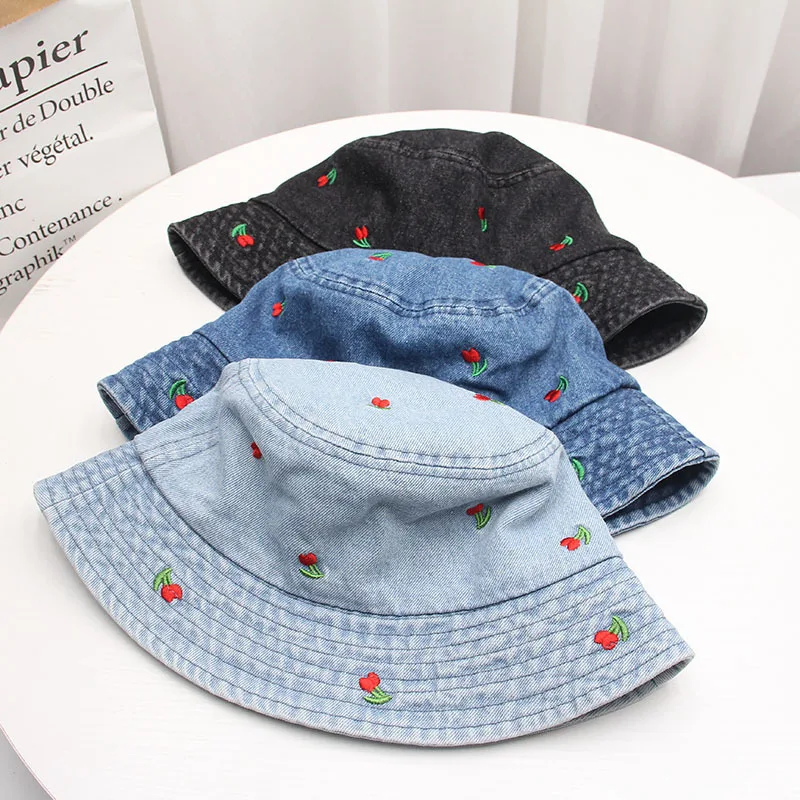 New Summer Washed Denim Bucket Hats Fashion for Women Embroidery Flower Foldable Panama Cap Outdoor Beach Fisherman's Hat