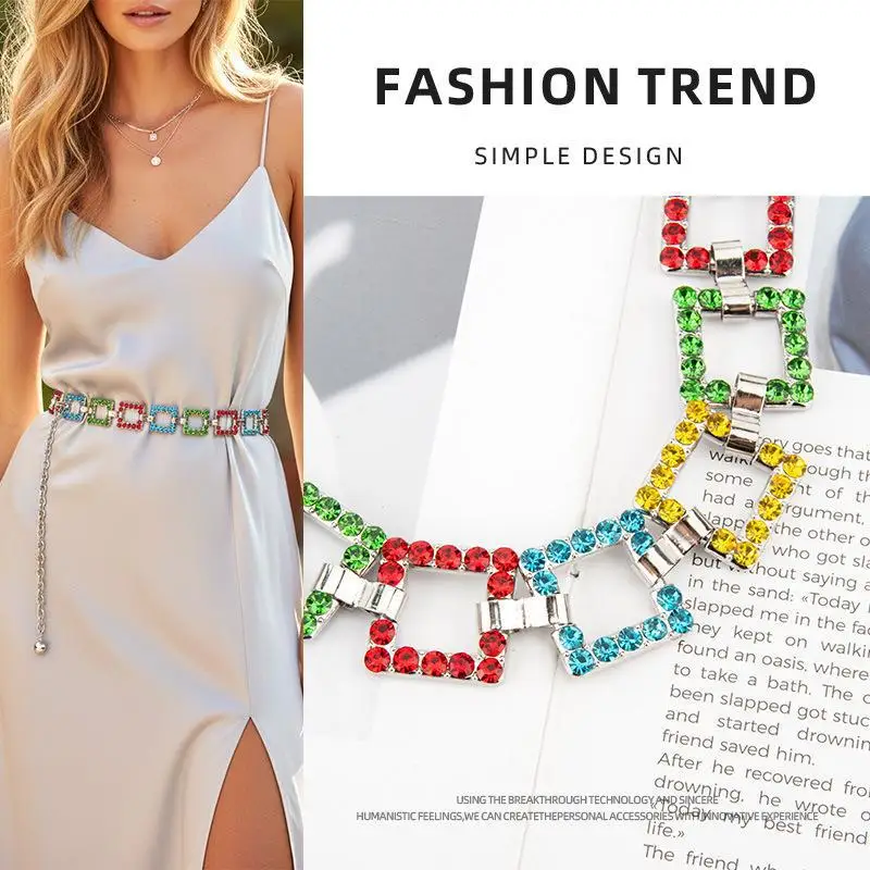 2026 Multi-color Square Rhinestone Metal Waist Belts for Women Fashion Belly Chain Skirt Dress Waist Chain Cinturones Para Mujer