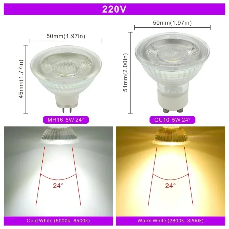 3W 5W Glass MR16 GU10 GU5.3 LED Bulb 12V 220V Bombillas LED COB Lamp Spotlight Lampara LED Spot Light 24/120 degree