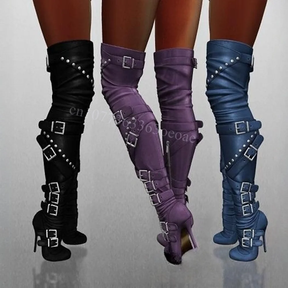 

Buckle Belts Rhinestone Decor Boot Matte Leather Thin High Heel Shoe for Women Thigh High Fashion Shoes 2025 Zapatos Para Mujere