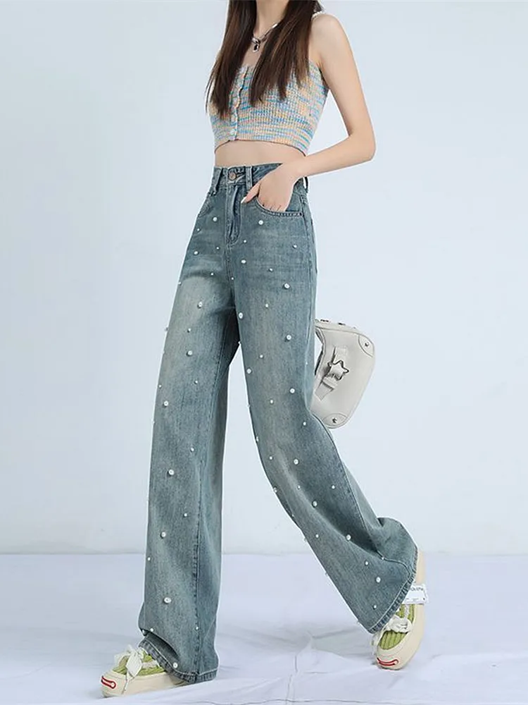 Japanese 2000s Style Y2K Fashion Pearl Baggy New Jeans Kpop Pants For Women Clothing Washed Blue Harajuku Lady Denim Trousers