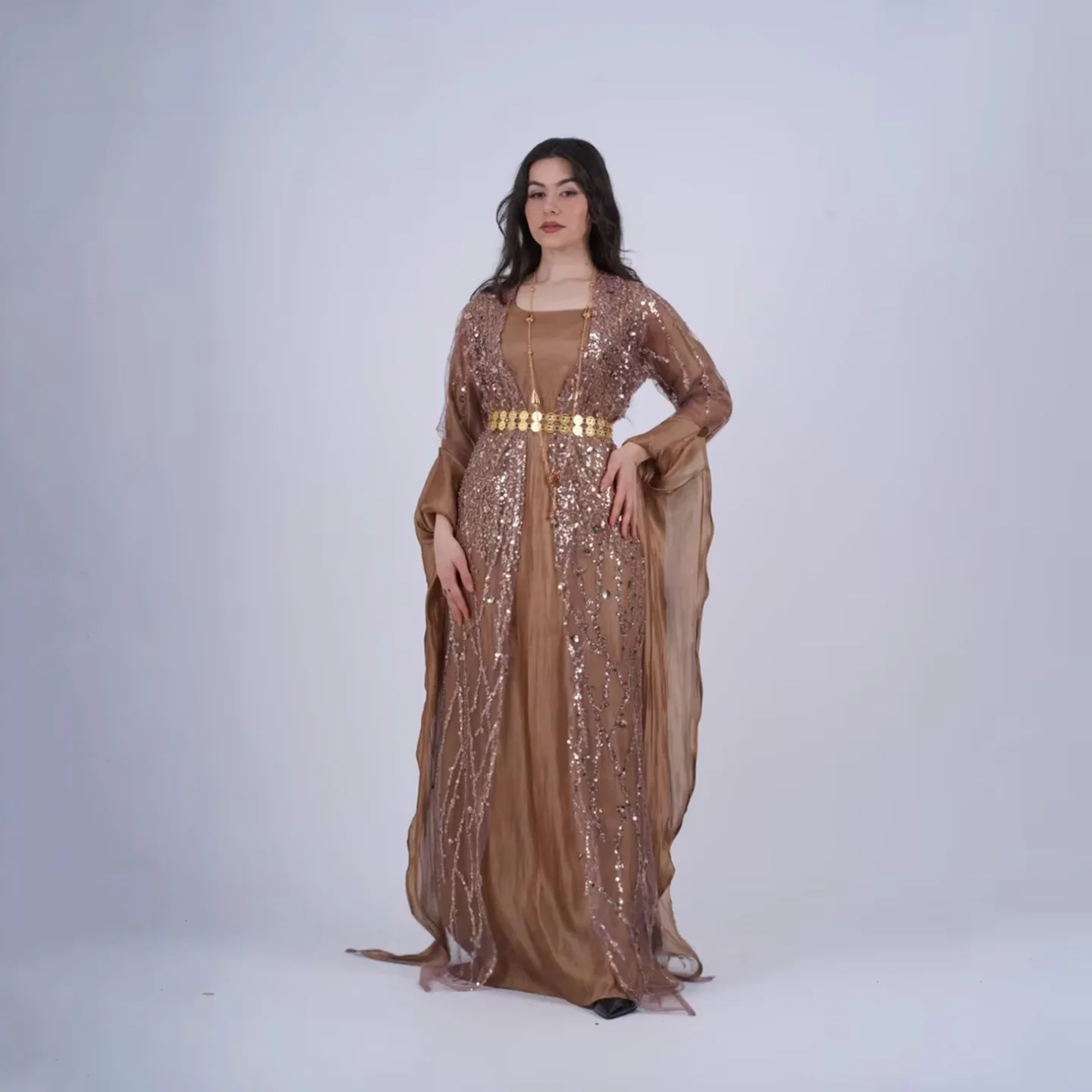 Brauner Marokkanischer Kaftan Muslimische Abendkleider Lange Ärmel Funkelnde Dubai Saudi-Arabische Abaya Islamisches Kleid Maßanfertigung