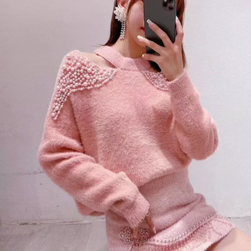 Autumn Winter Female Beaded Thick Loose Mohair Pullovers Off Shoulders Mink Cashmere Pearls Sweater Furry Shirts Knit Crop Tops