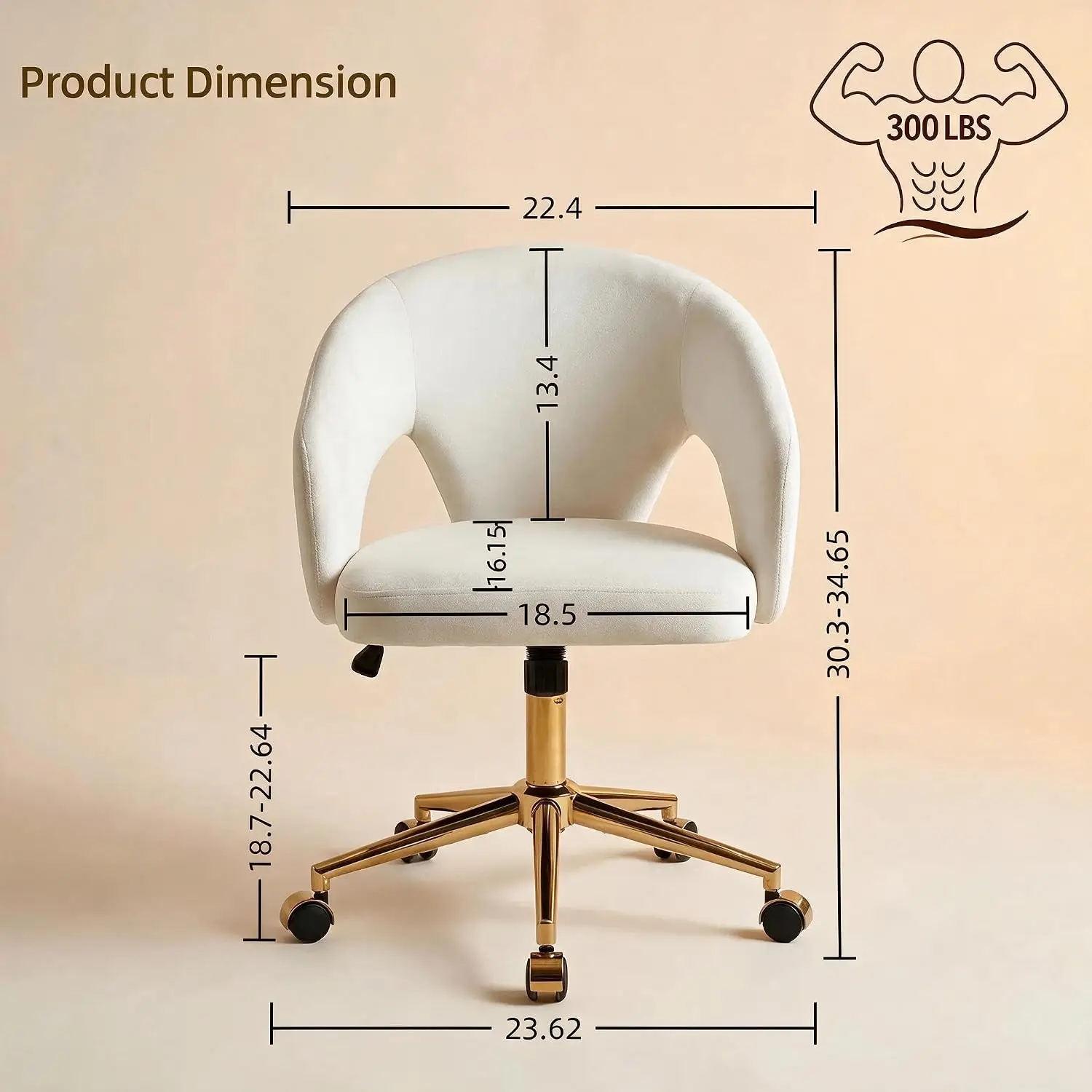 Velvet Vanity Chair with Wheels Gold Base for Home Office Desk,Cream