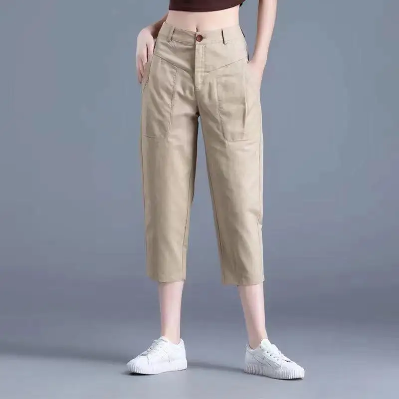 

Clothes for Women Summer Fashion Solid High Waist Cotton Haren Capri Pants Female Simple Casual Pockets Loose Cropped Trousers