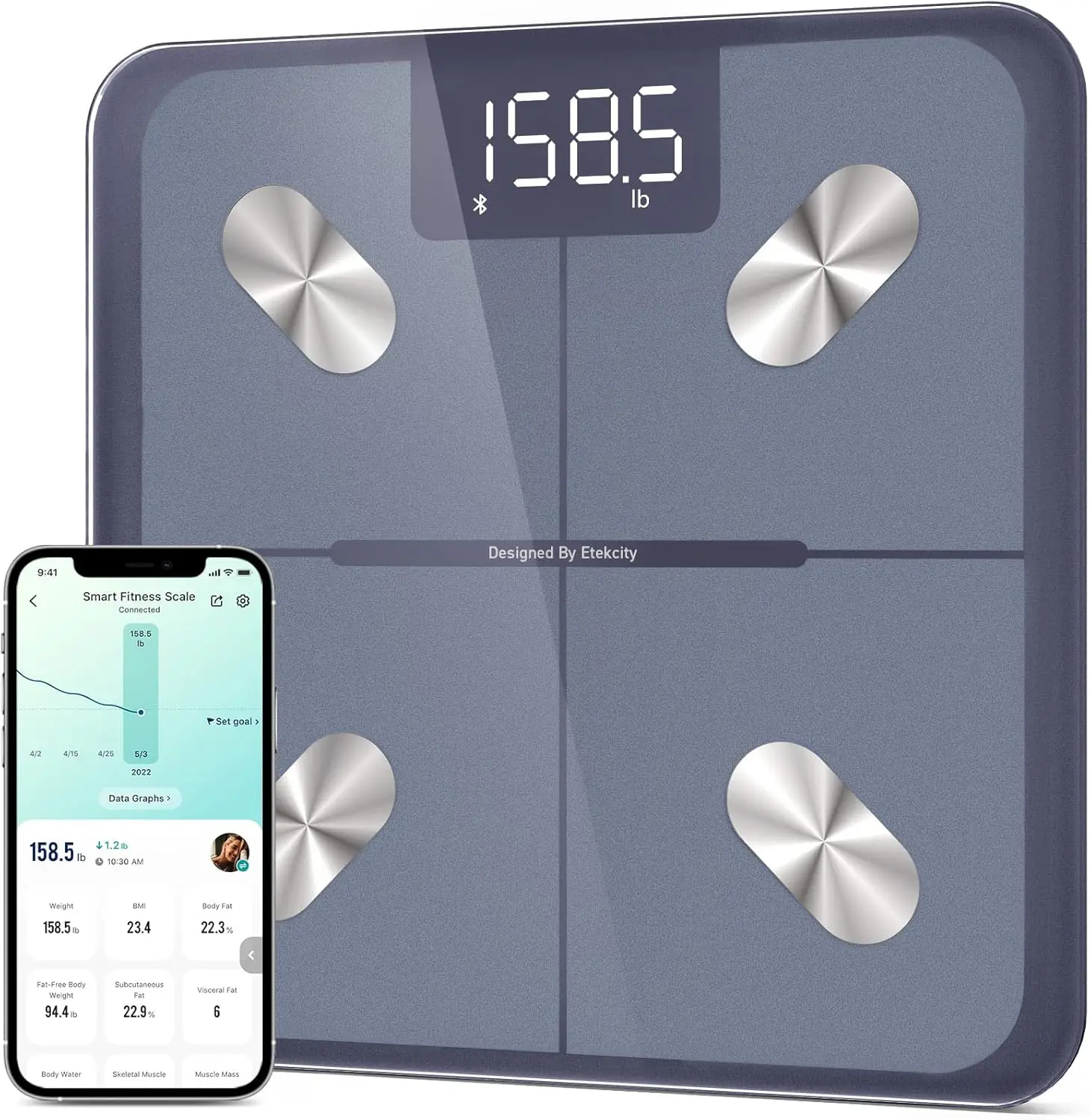 

Smart Scale for Body Weight, Fat Percentage, BMI & Muscle - Bluetooth Sync with App, Accurate to 400lb