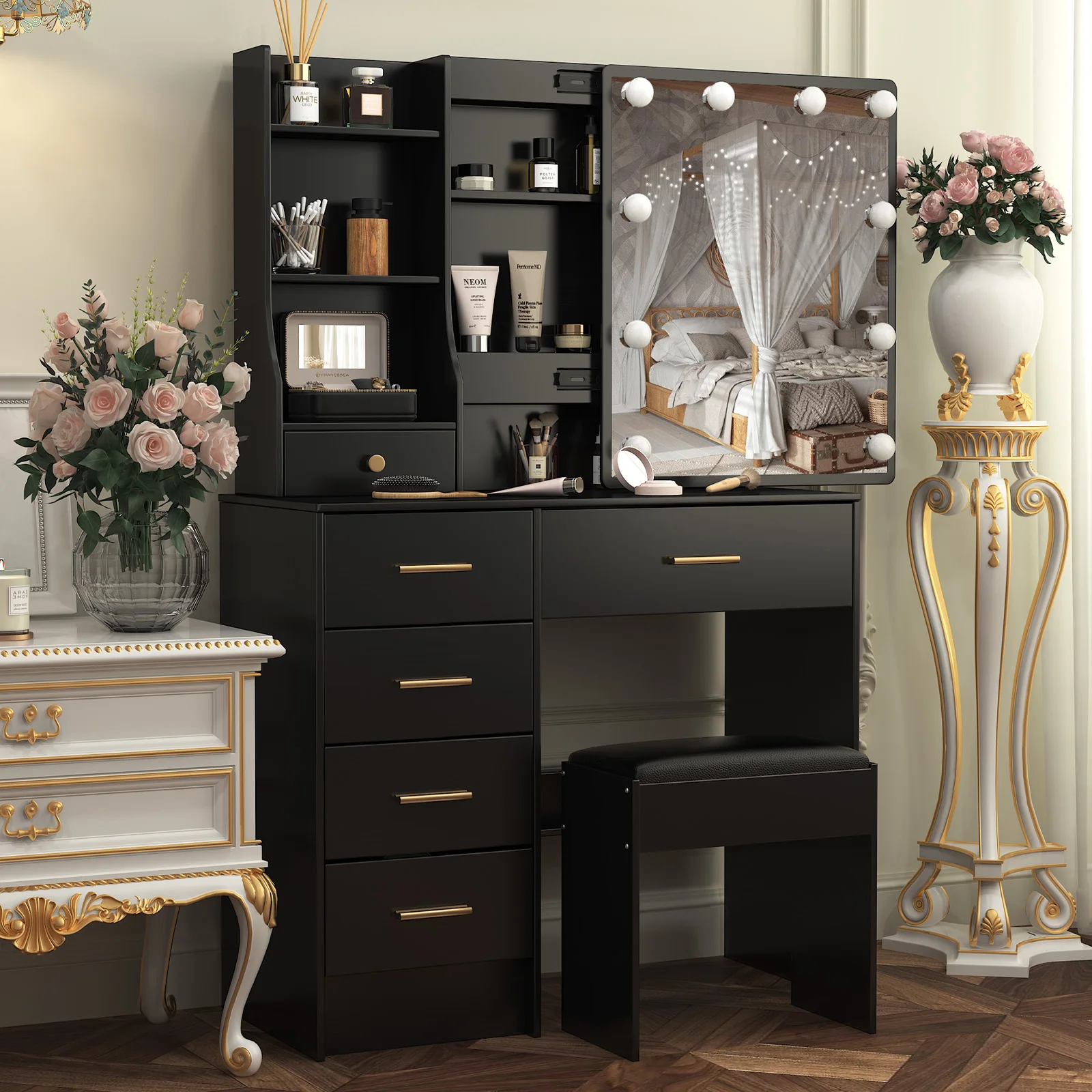 【صفقات 11.11، عروض الجمعة السوداء 2025】طاولة زينة سوداء مع مرآة وأضواء LED ومقعد وطاولة تزيين مكونة من 6 أدراج