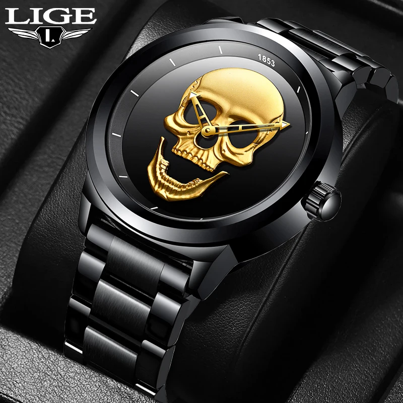

LIGE модные роскошные кварцевые мужские часы с 3D черепом креативный дизайн часы из нержавеющей стали деловые водонепроницаемые простые часы для мужчин