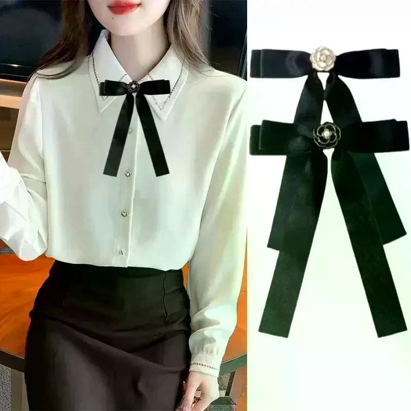 Temperament Black White Camellia Bow Brooch Mourning Corsage Pin Bowknot Neck Tie Brooch Shirt Collar Accessories For Woman
