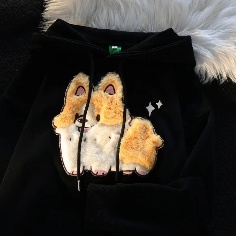 Flocking Cute Cartoon Dog Hoody Women Kawaii Clothes Couple Matching Hoodies Casual Hooded Sweatshirt Y2k Streetwear