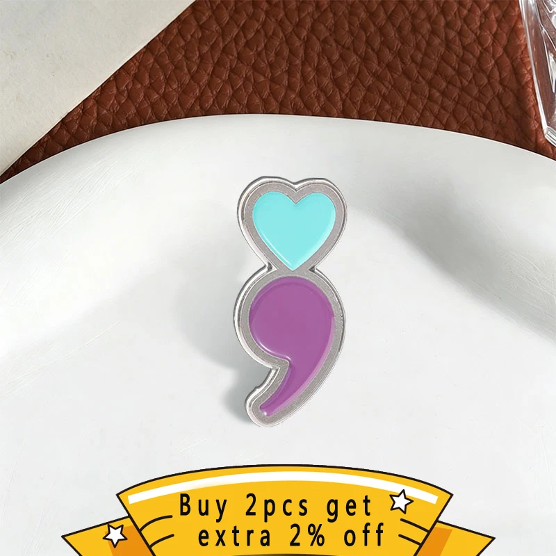 Semicolon Heart Enamel Pin, Mental Health Awareness Badge, Fashion Clothes Backpacks Accessory, Gift for Mental Health Supporter